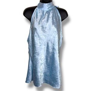 Large Toto Pastel Blue Textured Halter Blouse Sleeveless Y2K Era High Neck